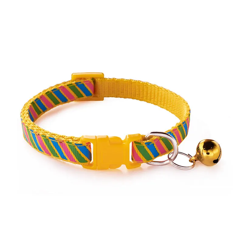 Twill printed cloth pet collar with bell, 1.0cm wide, adjustable 19-32cm, available in blue, orange, pink, purple, red, yellow