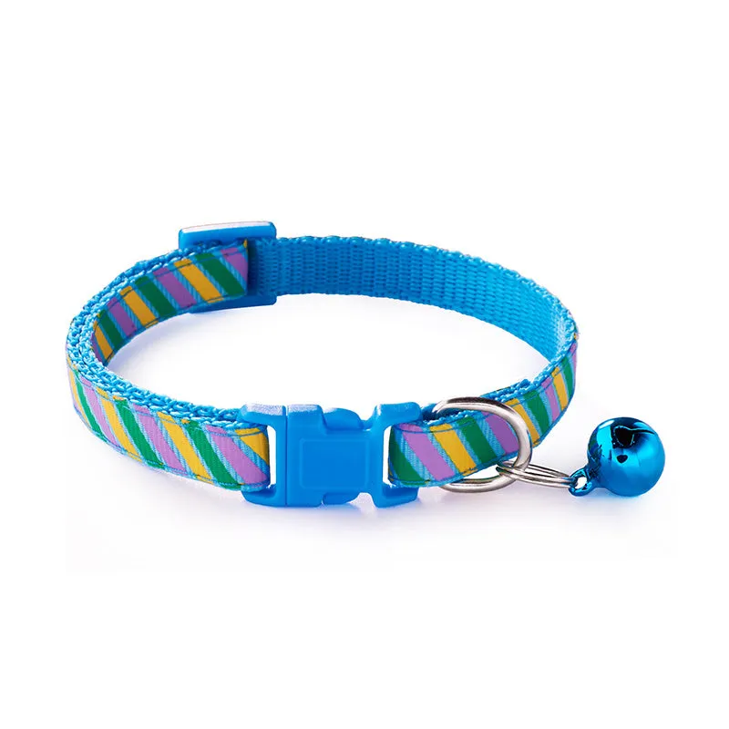 Twill printed cloth pet collar with bell, 1.0cm wide, adjustable 19-32cm, available in blue, orange, pink, purple, red, yellow