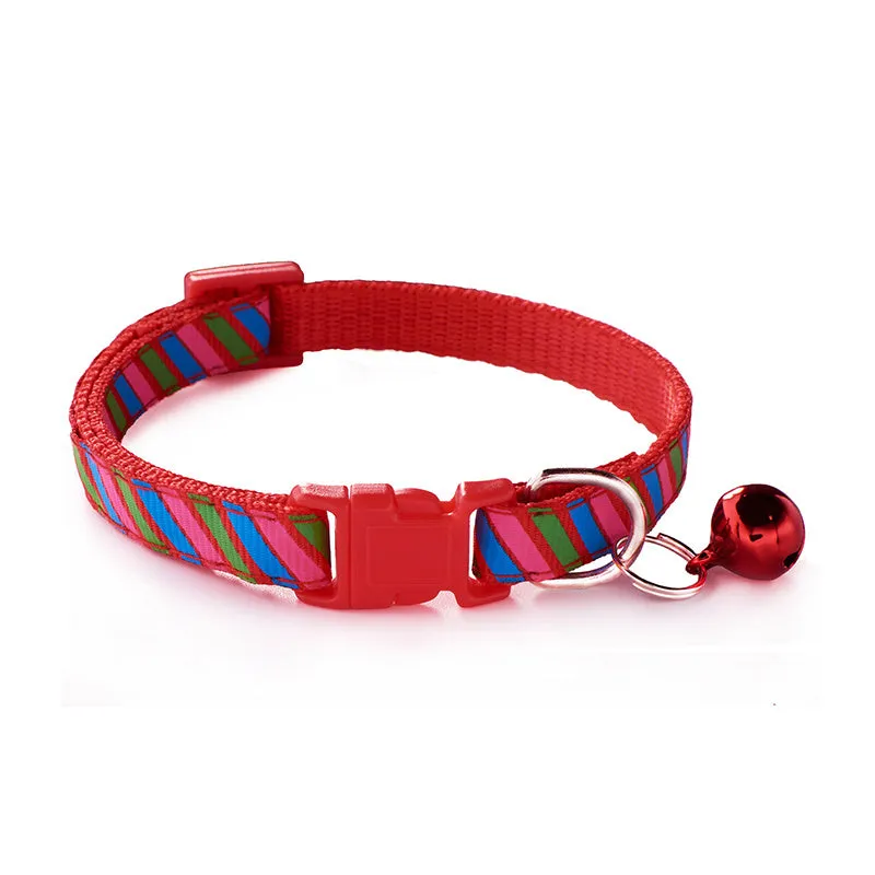 Twill printed cloth pet collar with bell, 1.0cm wide, adjustable 19-32cm, available in blue, orange, pink, purple, red, yellow