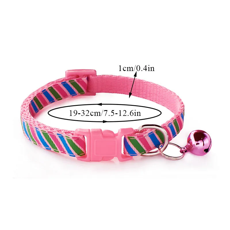 Twill printed cloth pet collar with bell, 1.0cm wide, adjustable 19-32cm, available in blue, orange, pink, purple, red, yellow