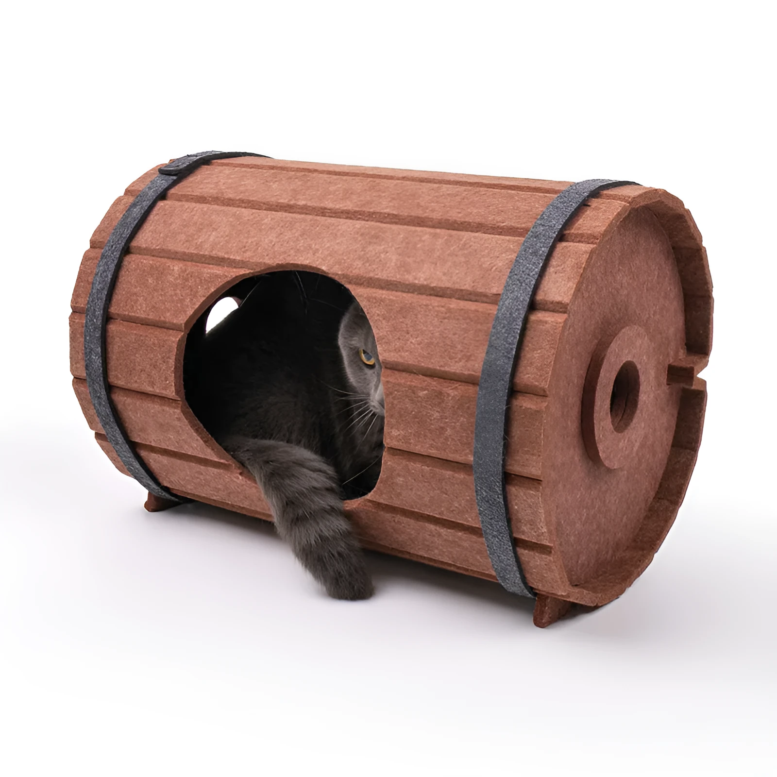 Assembled wine barrel pet bed made from three grey felt panels, forming a circular cat nest.