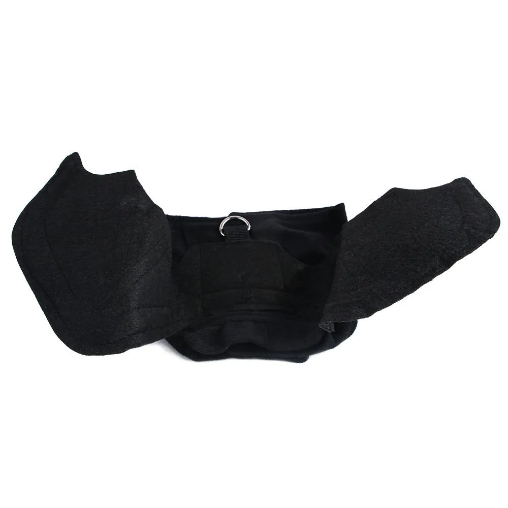 Black cloth bat wing pet costume on a dog or cat with 3D foldable wings and bat bell