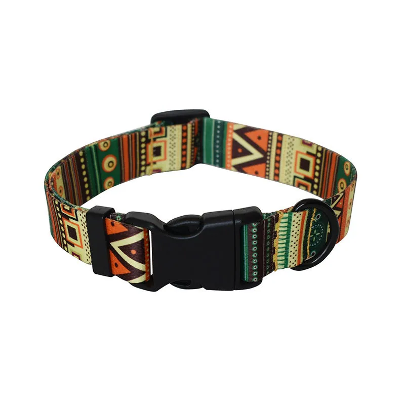 Ribbon webbing dog collar with printed ethnic pattern 2.5cm width adjustable buckle closure
