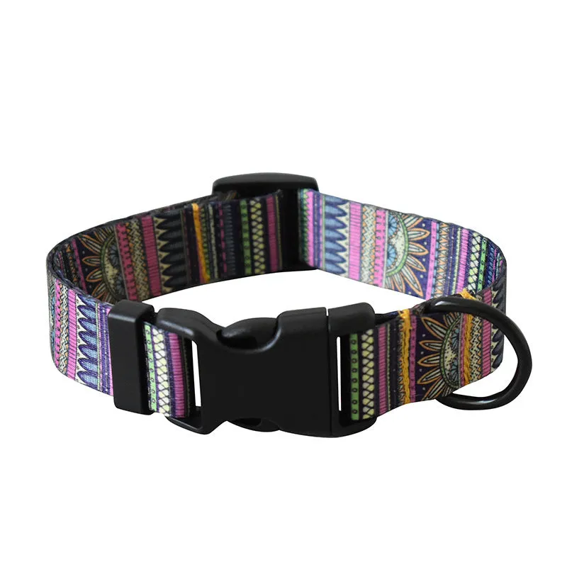Ribbon webbing dog collar with printed ethnic pattern 2.5cm width adjustable buckle closure