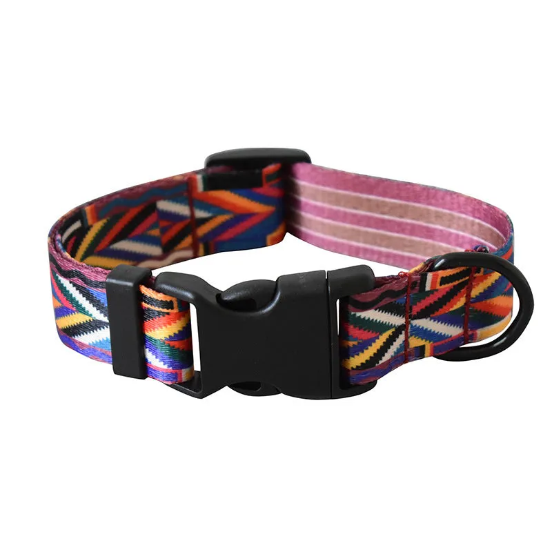 Ribbon webbing dog collar with printed ethnic pattern 2.5cm width adjustable buckle closure