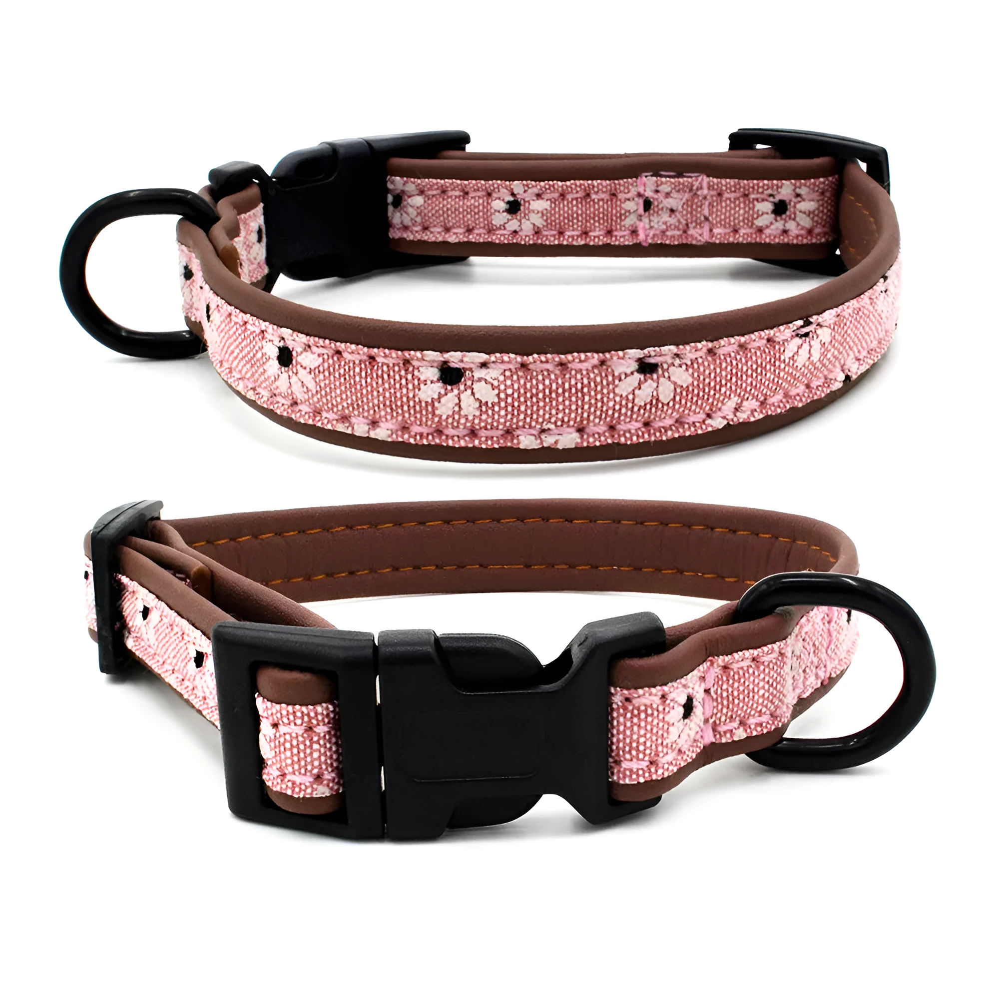 Plastic buckle dog collar in light blue with adjustable nylon webbing on white background