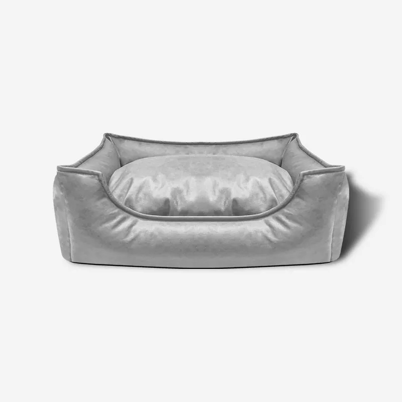 Faux leather waterproof kennel pet bed sofa in light gray for dogs and cats