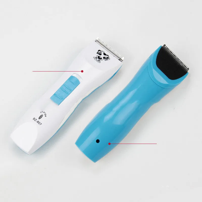 DC rechargeable pet hair clipper with orange and blue options, stainless steel blade, and four limit combs on charging stand