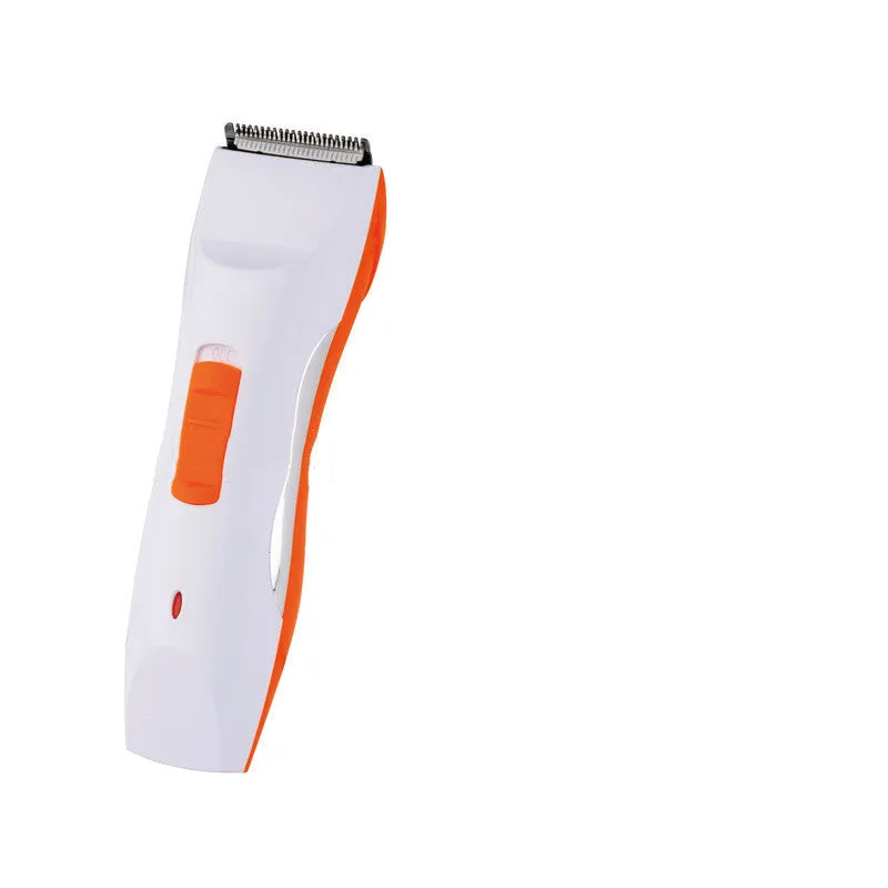 DC rechargeable pet hair clipper with orange and blue options, stainless steel blade, and four limit combs on charging stand