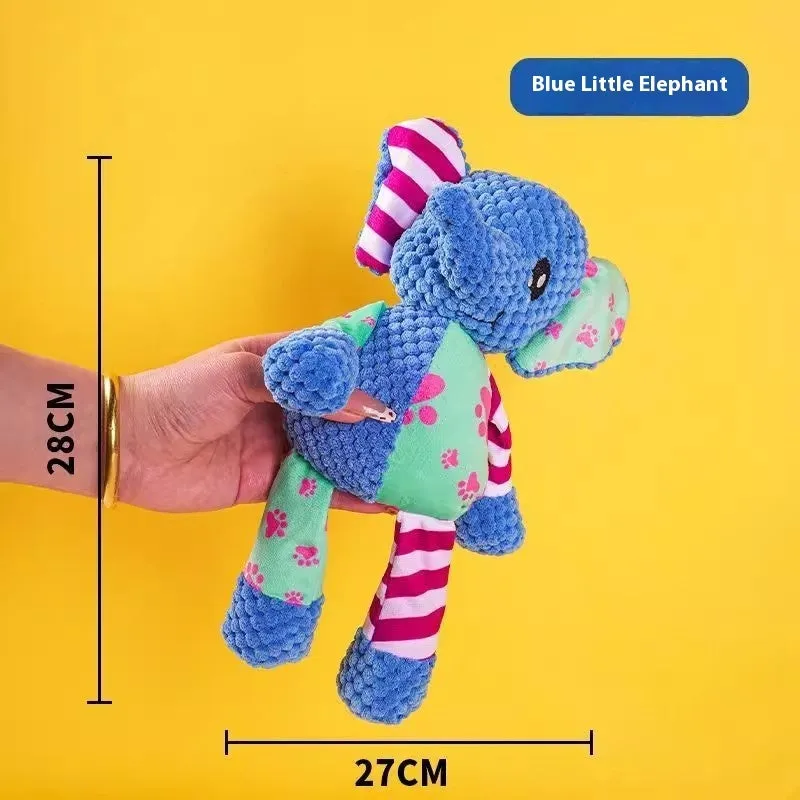 Assorted plush dog toys including a pink-gray donkey, a beige donkey, a blue elephant, and yellow ducks in three sizes.