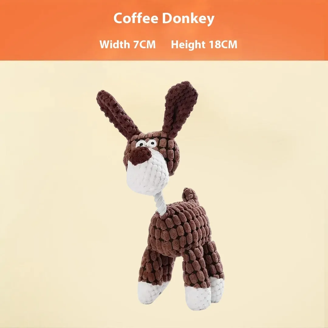 Assorted plush dog toys including a pink-gray donkey, a beige donkey, a blue elephant, and yellow ducks in three sizes.