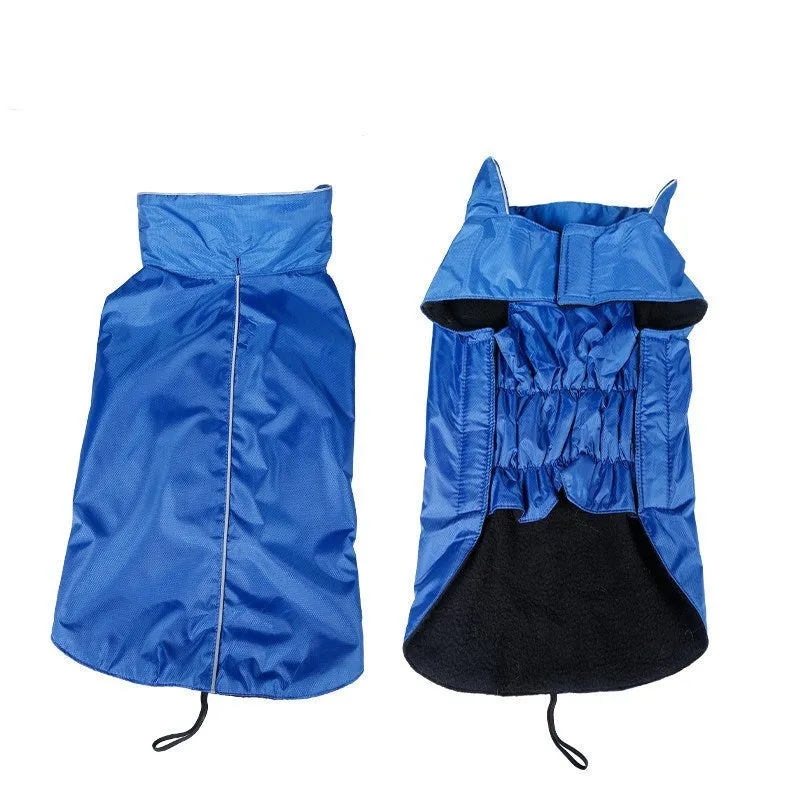 Waterproof dog vest in blue tarpaulin material on a dog outdoors in rain