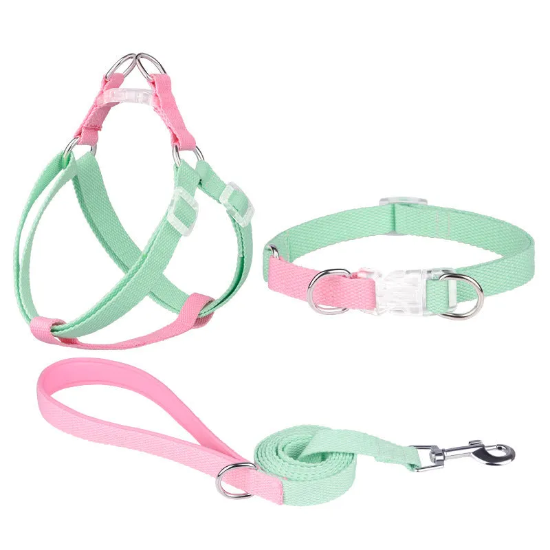 Polyester ribbon dog collar and leash set with adjustable collar and chest strap in five colour options