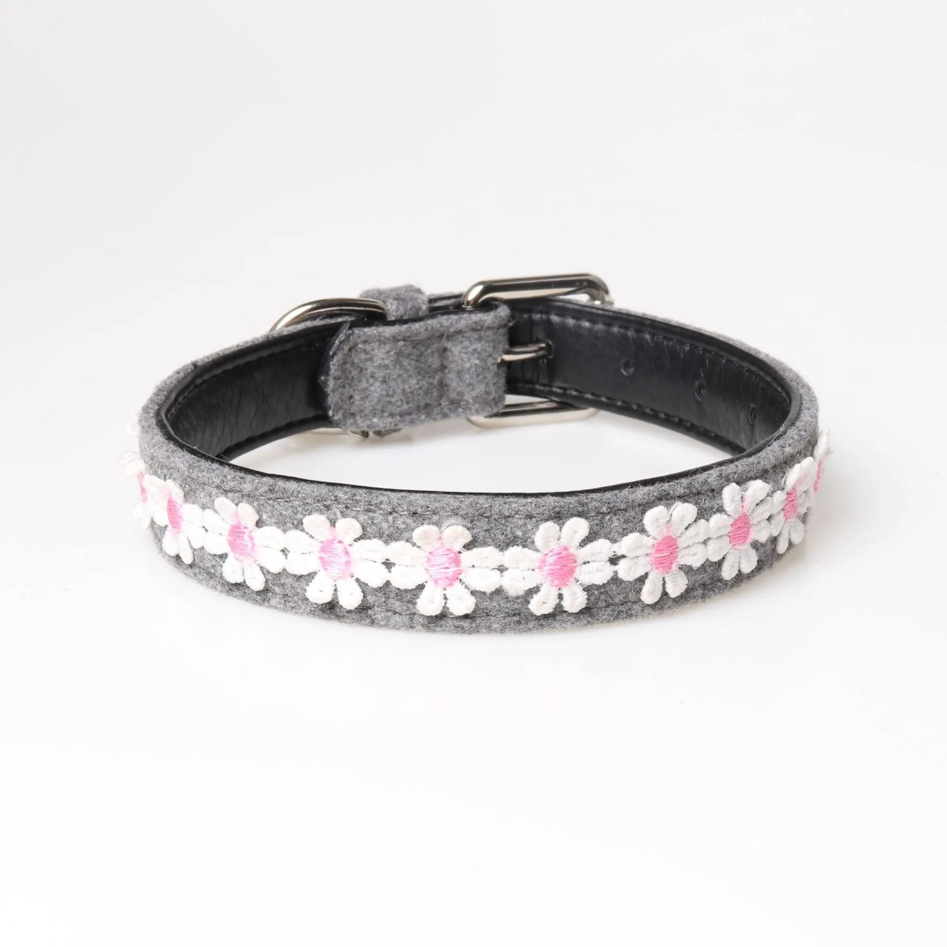 Embroidered PU dog collar with metal buckle on a neutral background, available in four colours and two adjustable sizes