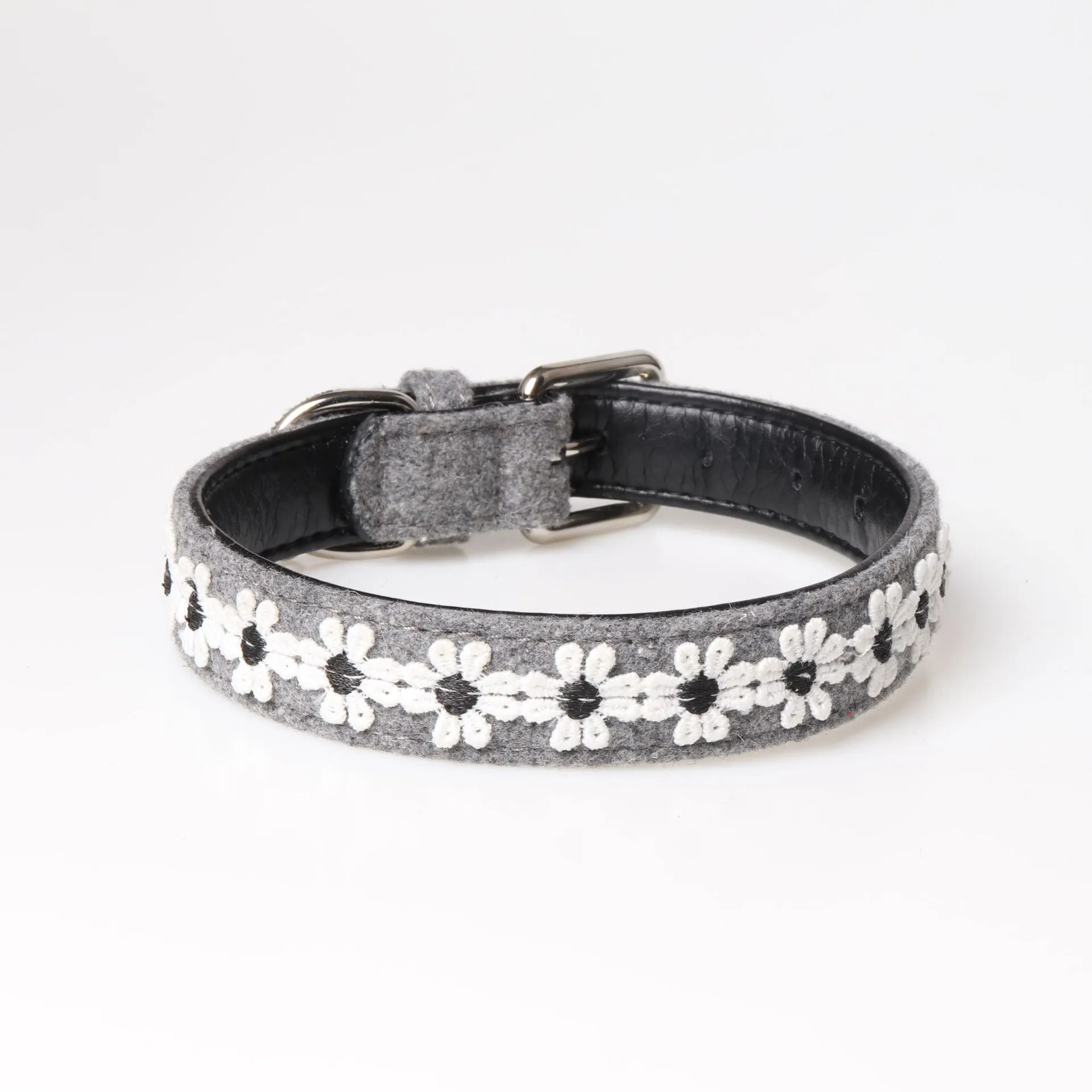 Embroidered PU dog collar with metal buckle on a neutral background, available in four colours and two adjustable sizes