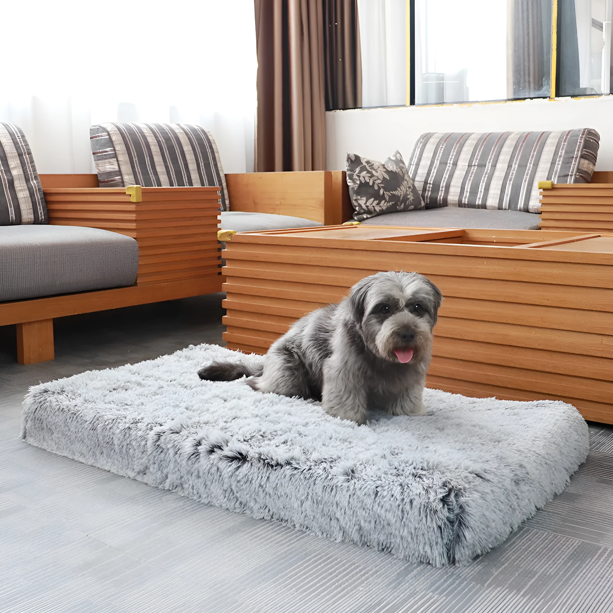 Plush square dog kennel cat cushion in grey, available in multiple sizes from S to XXL
