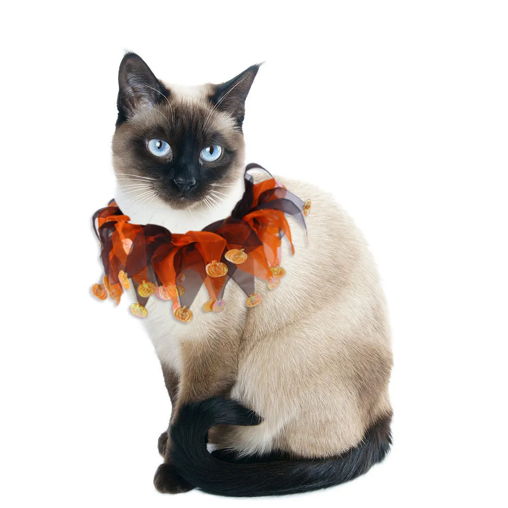 Tie-dye pet dog collar showing Halloween and Christmas patterns plus green and blue colour options