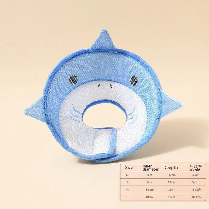 Soft cat recovery collar in shark shape made from nonwoven fabric, available in multiple sizes