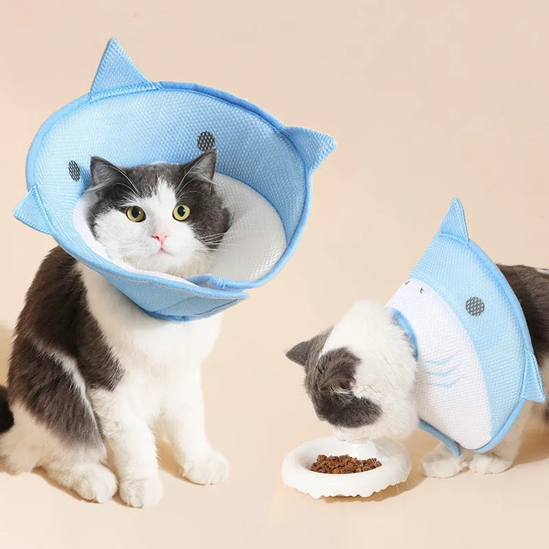 Soft cat recovery collar in shark shape made from nonwoven fabric, available in multiple sizes