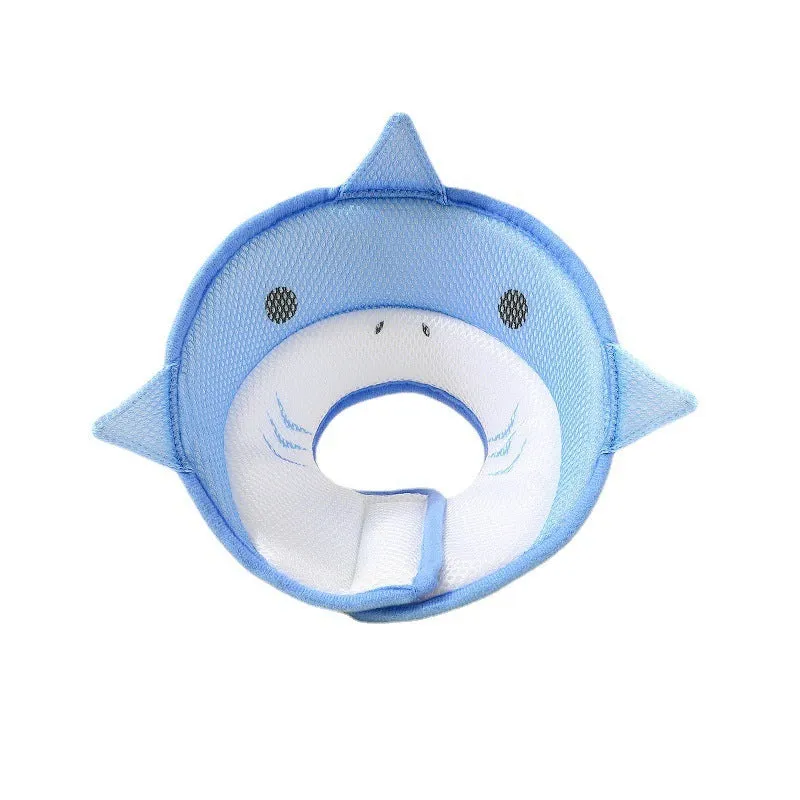 Soft cat recovery collar in shark shape made from nonwoven fabric, available in multiple sizes