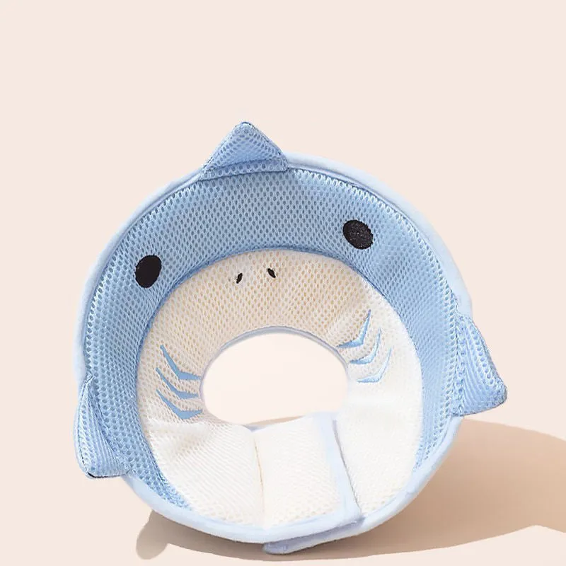 Soft cat recovery collar in shark shape made from nonwoven fabric, available in multiple sizes