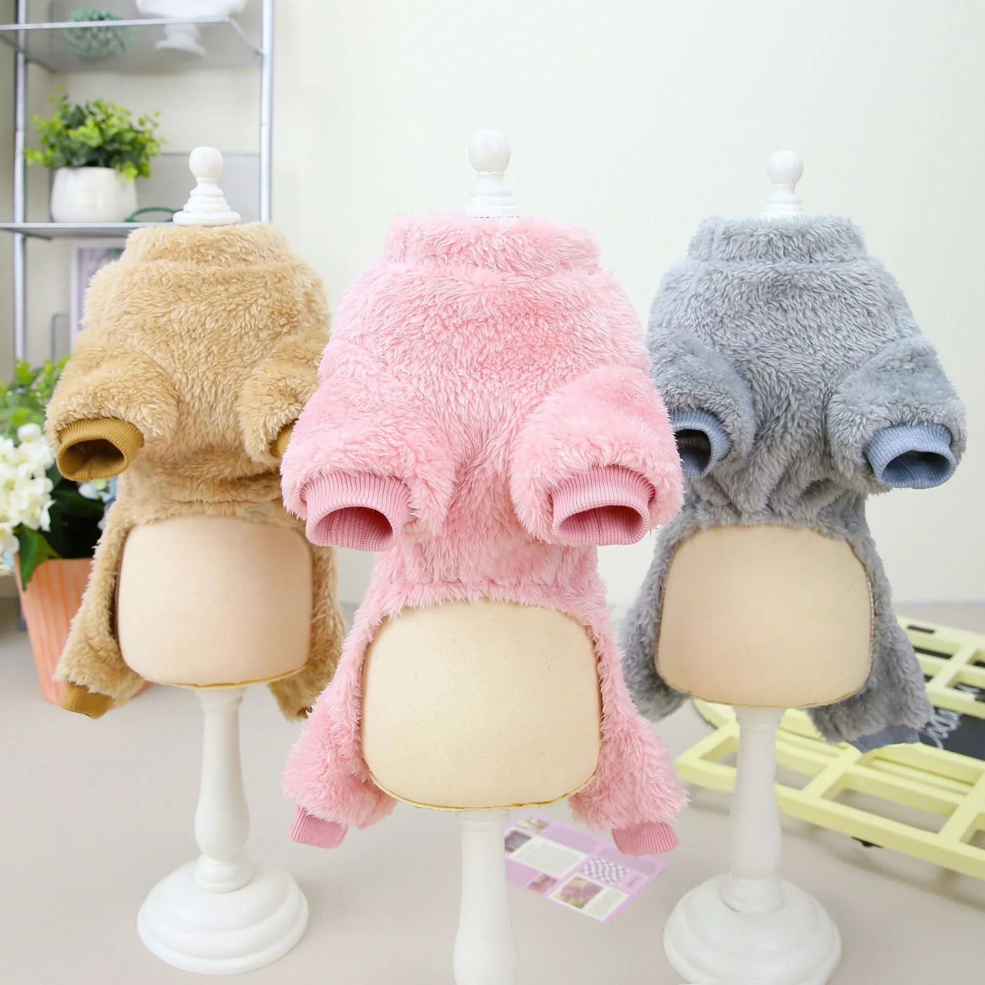 Small dog wearing a three-colour pull-ring four-leg fluffy coat in Brown, made from coral fleece