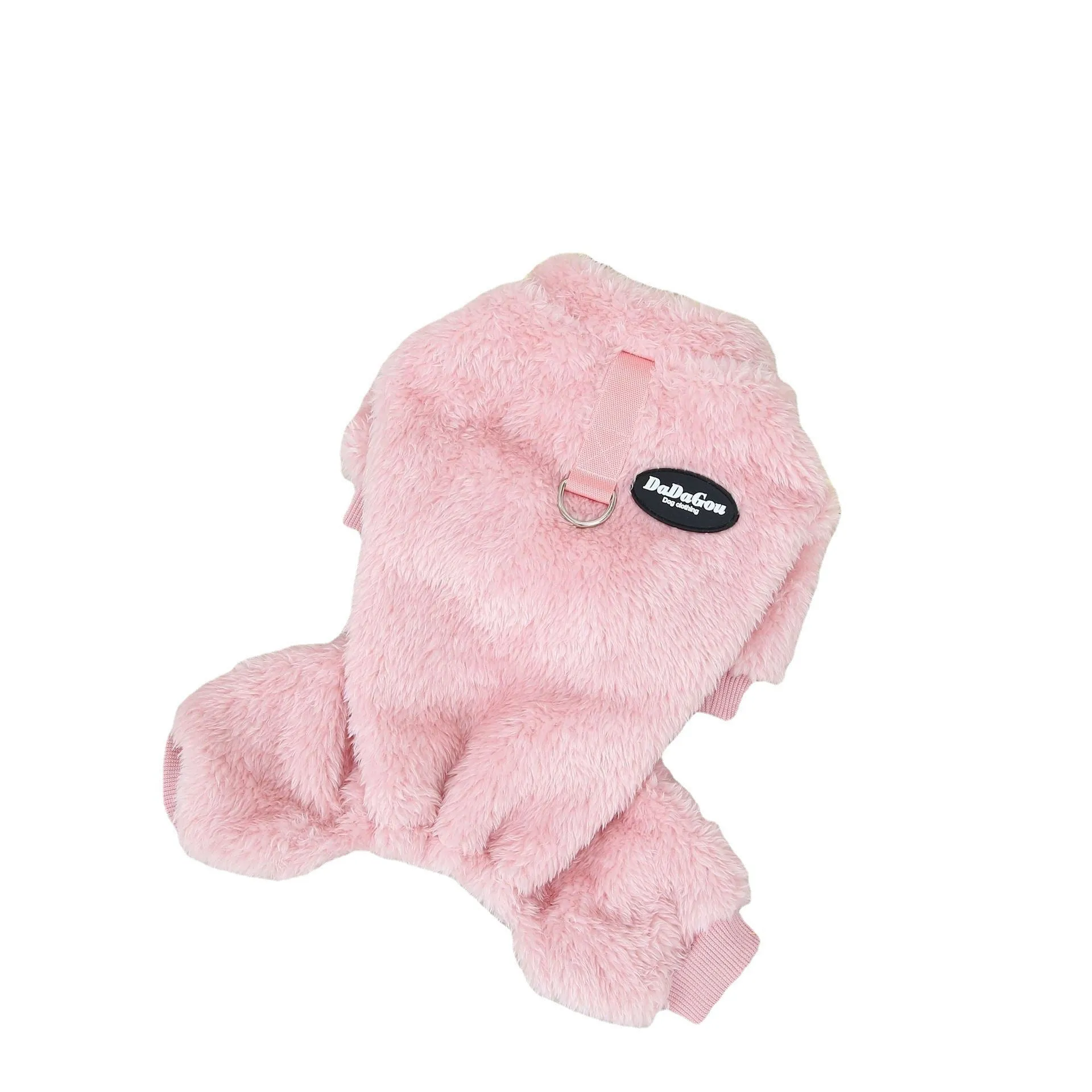 Small dog wearing a three-colour pull-ring four-leg fluffy coat in Brown, made from coral fleece