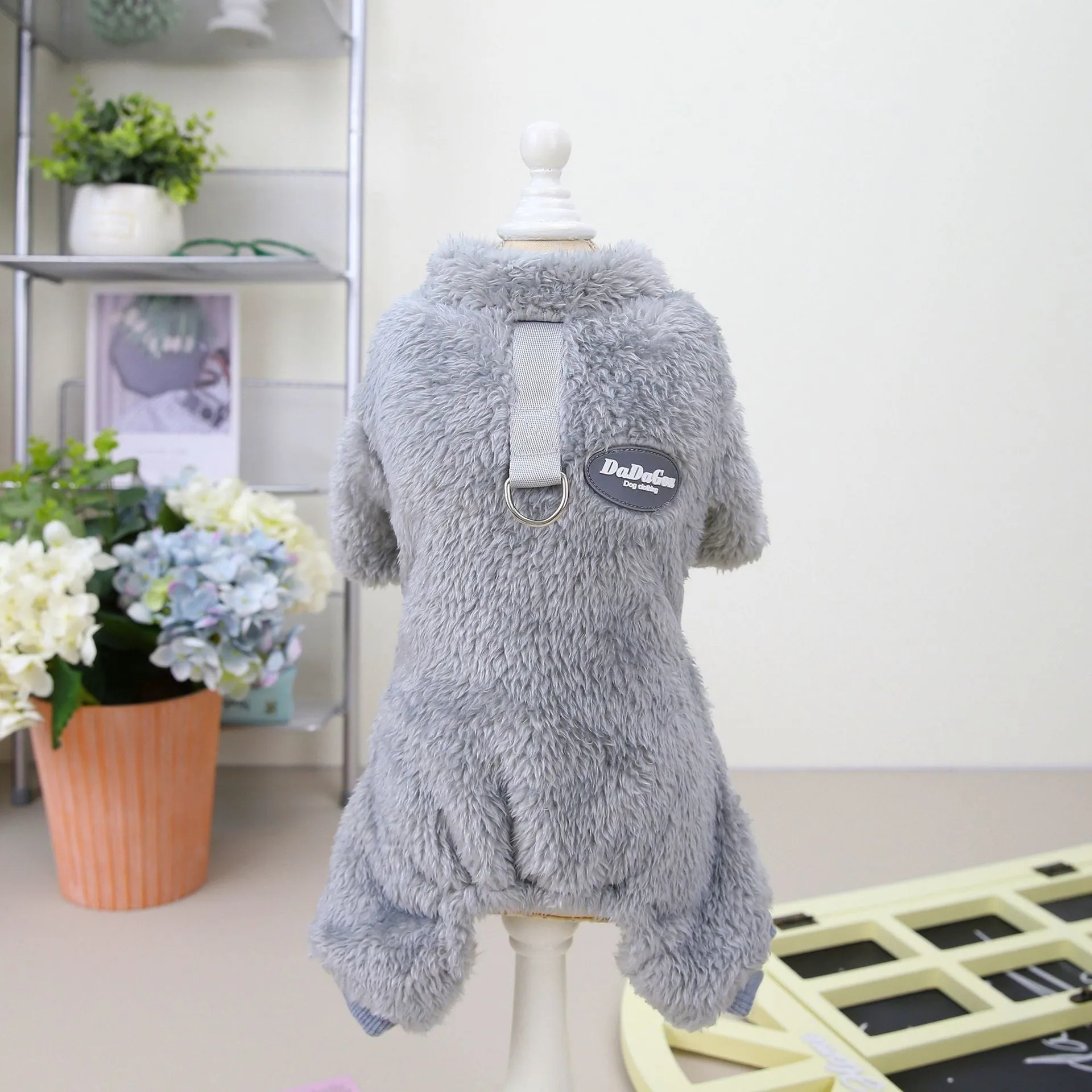 Small dog wearing a three-colour pull-ring four-leg fluffy coat in Brown, made from coral fleece