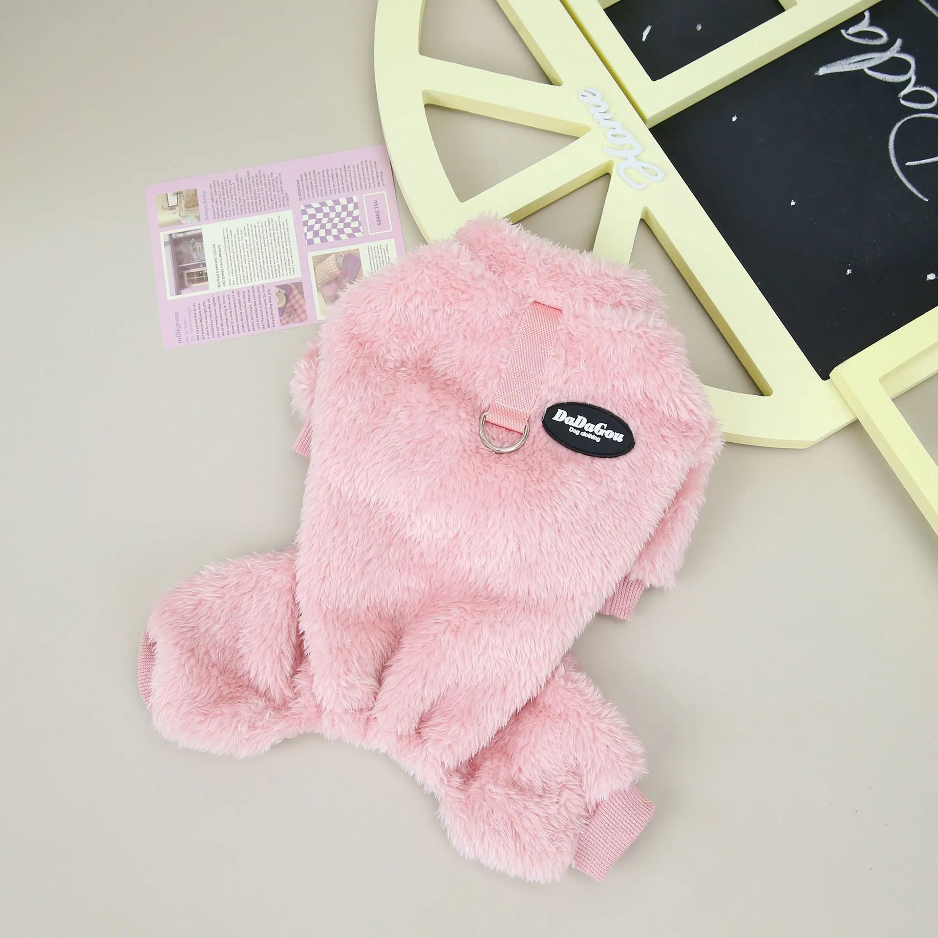 Small dog wearing a three-colour pull-ring four-leg fluffy coat in Brown, made from coral fleece