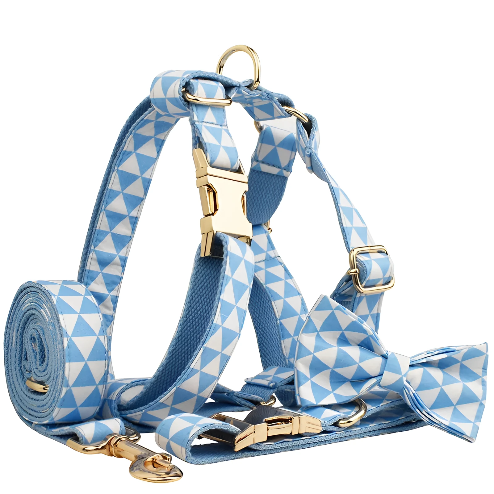 Blue triangular ring on a cloth dog collar and lead set with matching bow and vest, shown in a four-piece pet accessory package.