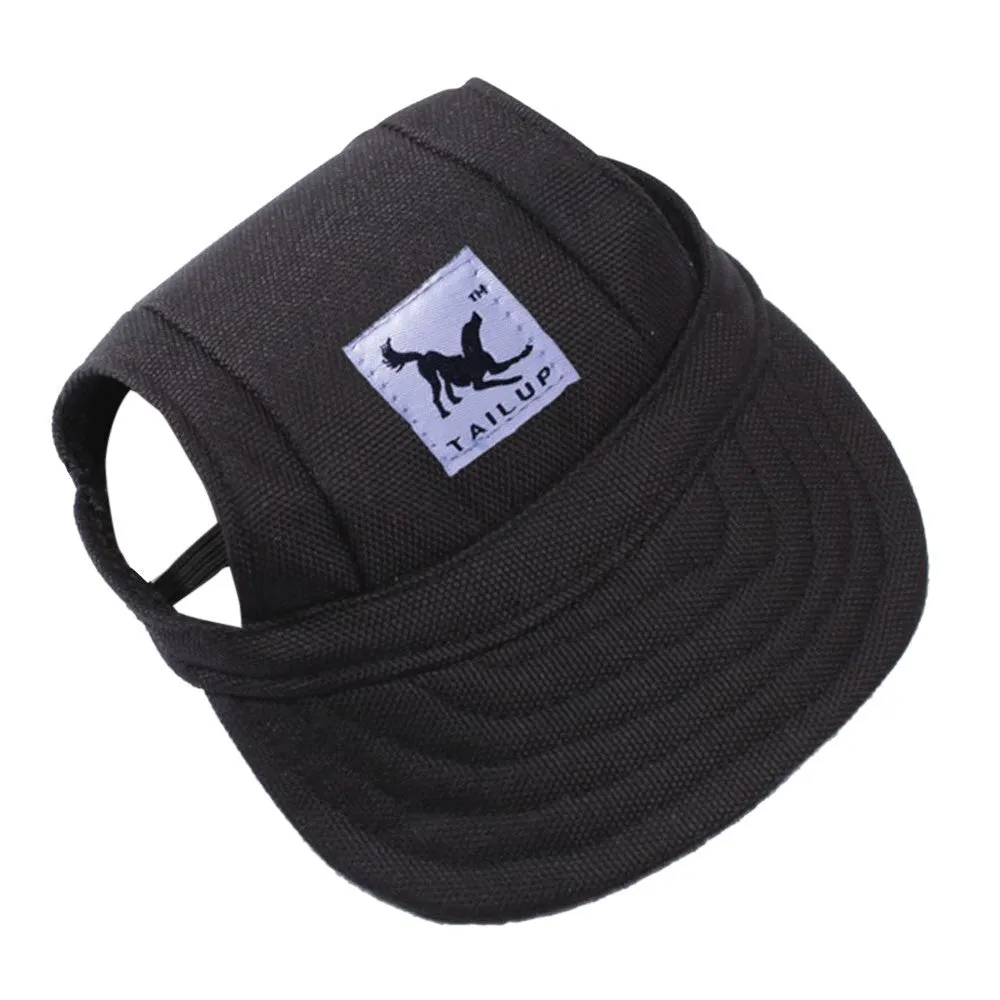 Dog wearing a baseball-style sun hat made of 63% cotton and 37% Terylene in a casual outdoor setting