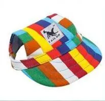 Dog wearing a baseball-style sun hat made of 63% cotton and 37% Terylene in a casual outdoor setting