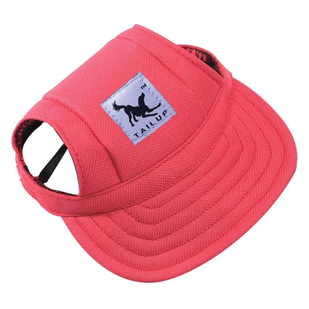 Dog wearing a baseball-style sun hat made of 63% cotton and 37% Terylene in a casual outdoor setting