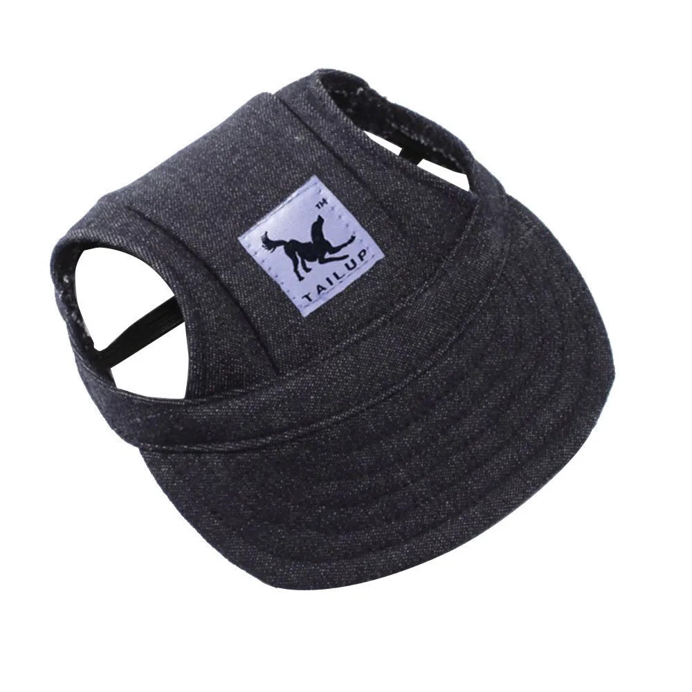 Dog wearing a baseball-style sun hat made of 63% cotton and 37% Terylene in a casual outdoor setting