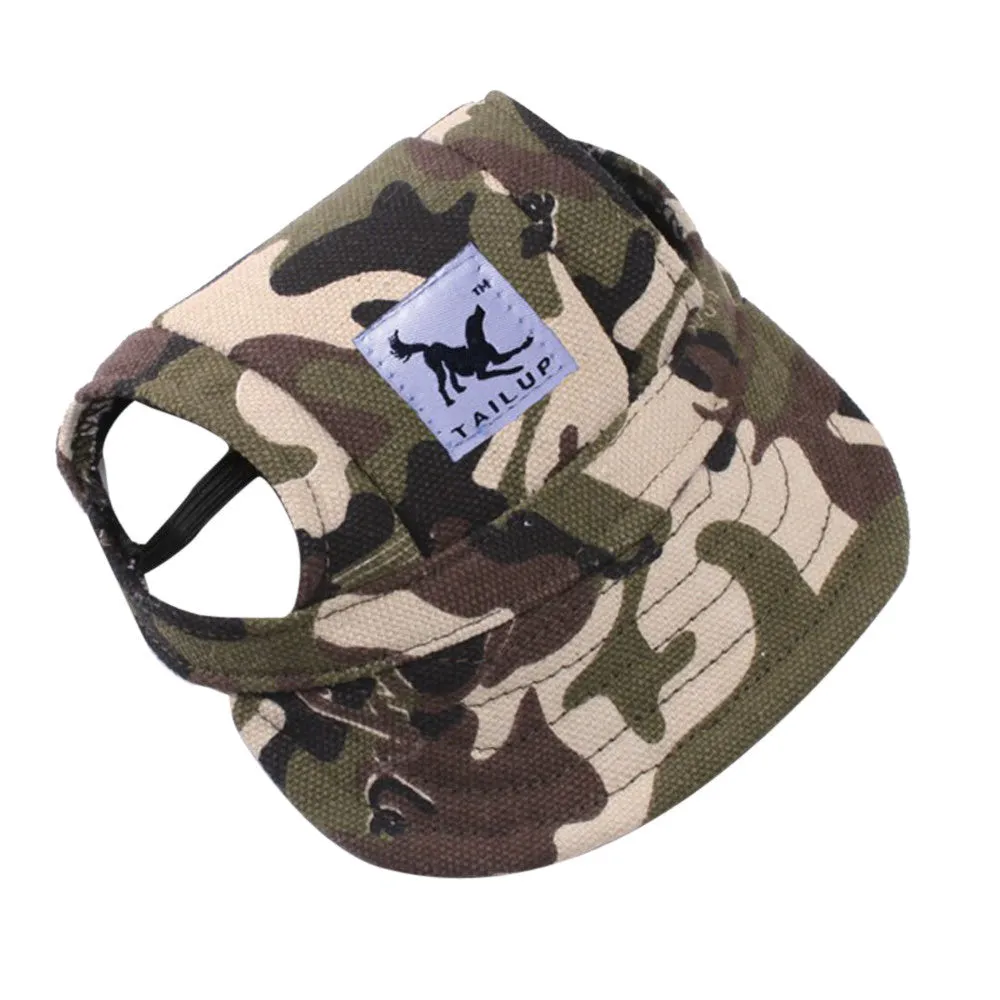 Dog wearing a baseball-style sun hat made of 63% cotton and 37% Terylene in a casual outdoor setting