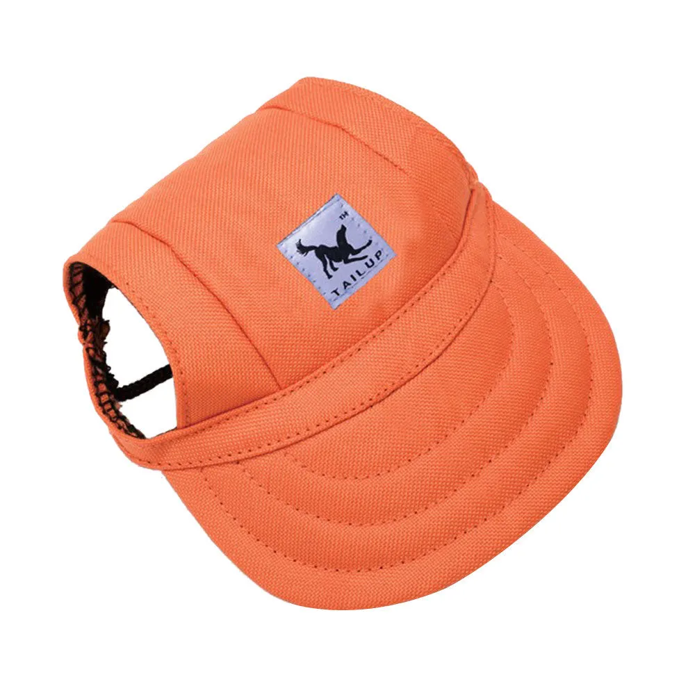 Dog wearing a baseball-style sun hat made of 63% cotton and 37% Terylene in a casual outdoor setting