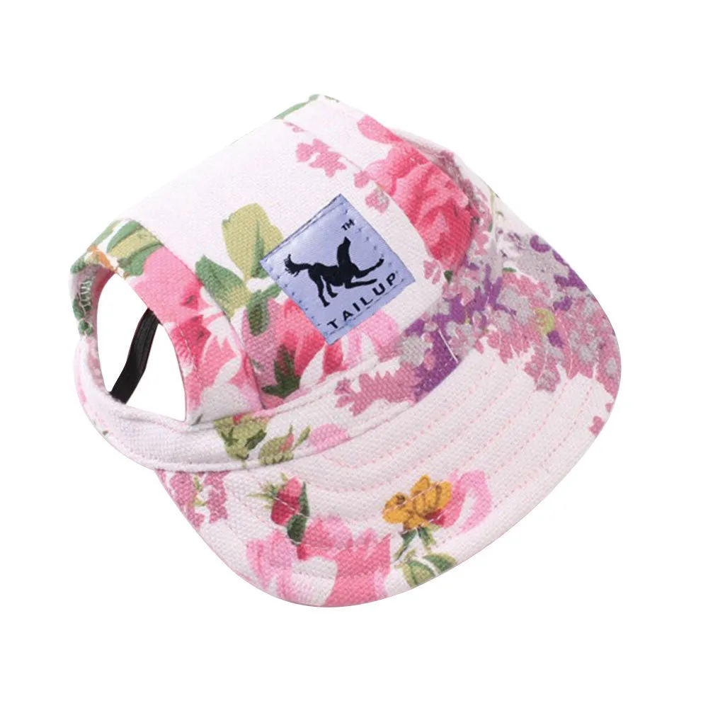 Dog wearing a baseball-style sun hat made of 63% cotton and 37% Terylene in a casual outdoor setting