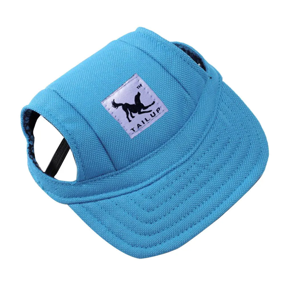 Dog wearing a baseball-style sun hat made of 63% cotton and 37% Terylene in a casual outdoor setting