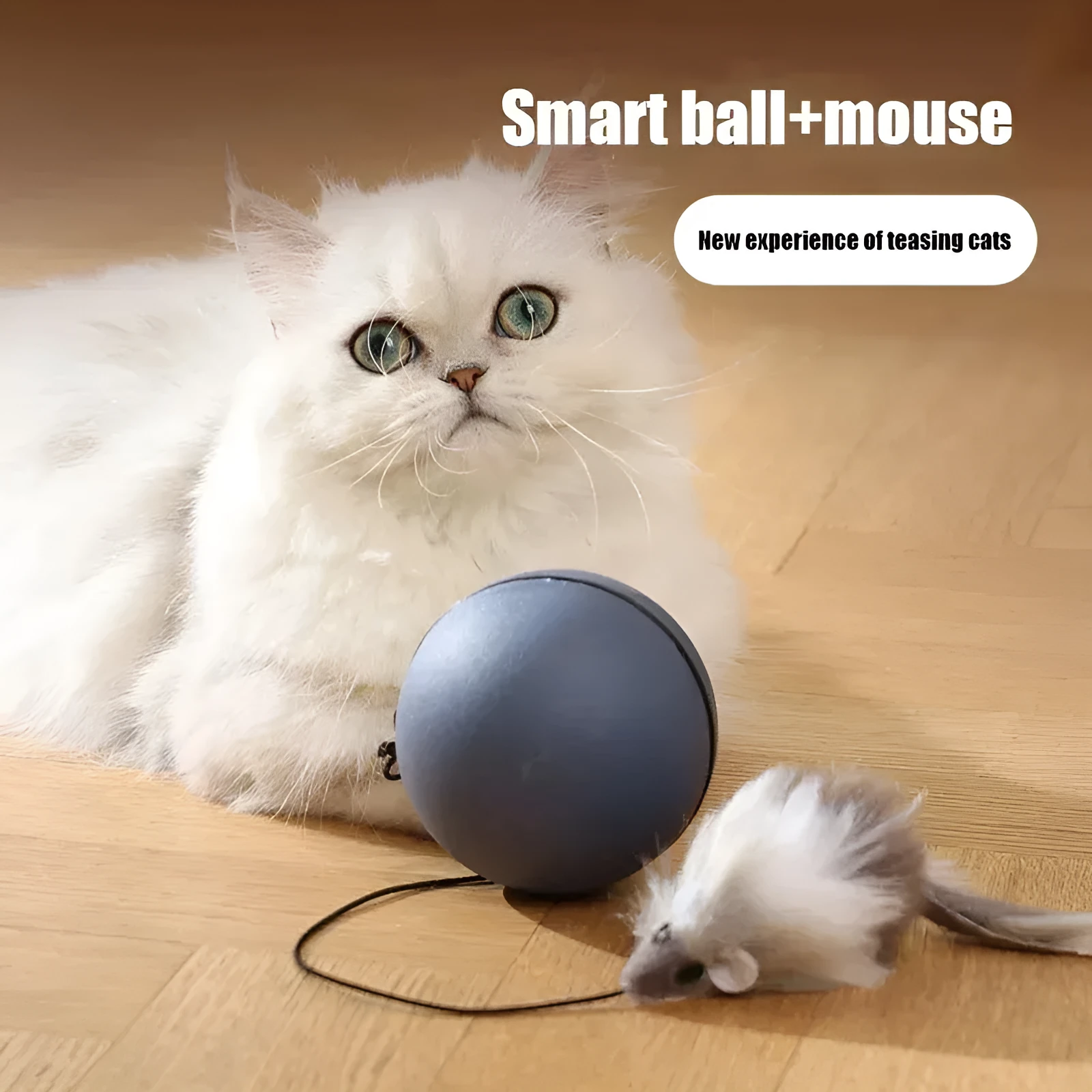 Automatic cat teasing ball with plush mouse rolling on floor