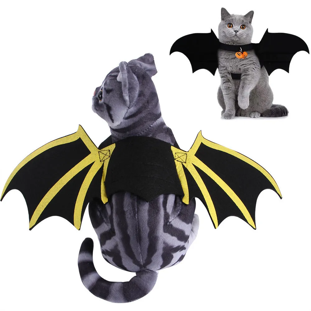 Blue dog wearing cloth costume with cat print bat wings and bell on grass