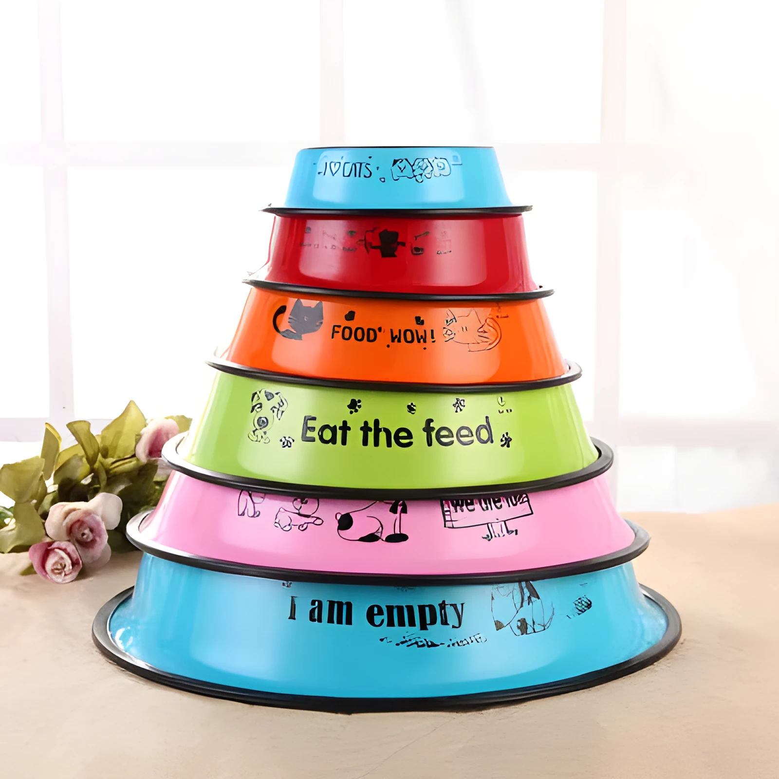 Stainless steel dog bowl with anti-skid base and colour printing in 6 sizes
