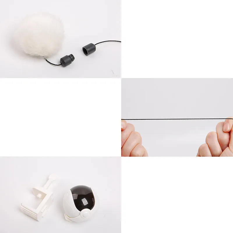 White automatic funny cat toy with swinging rabbit fur ball teaser on a floor