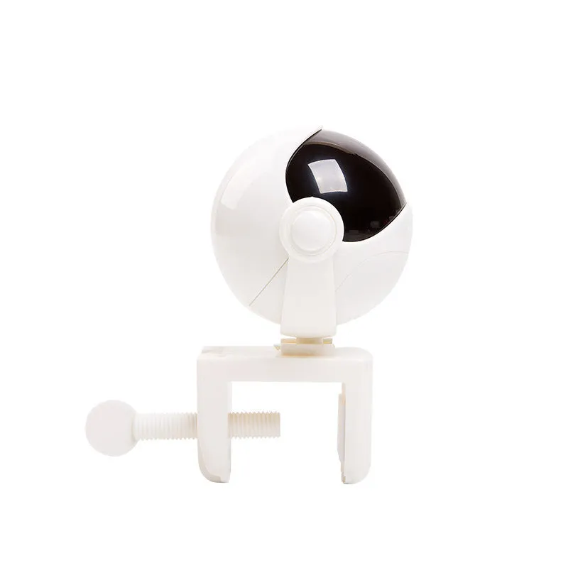 White automatic funny cat toy with swinging rabbit fur ball teaser on a floor