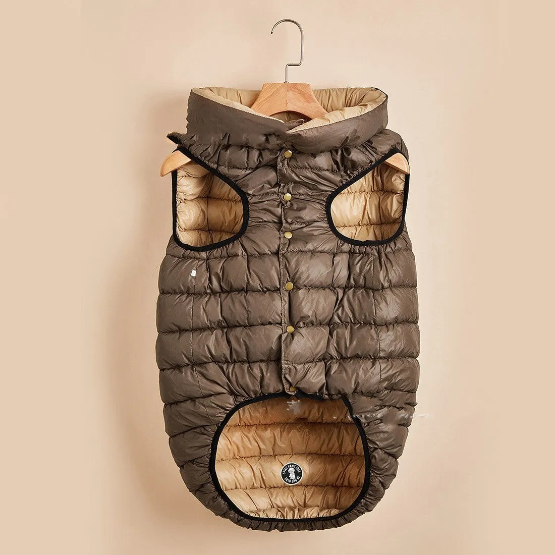 Winter down cotton dog clothes in brown beige with nylon outer shell, casual style, size S to 5XL