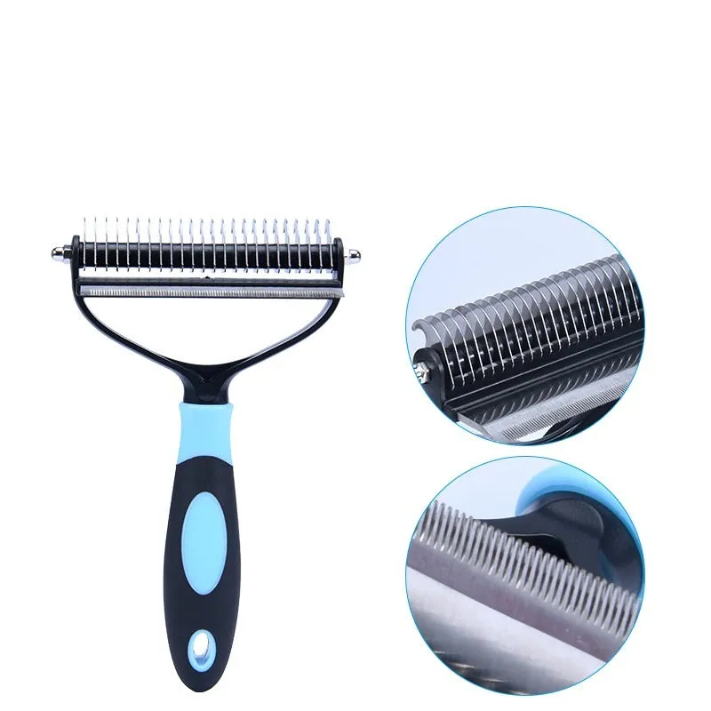 Plastic dual purpose pet comb for removing floating hair and dead knots from dogs and cats, available in blue