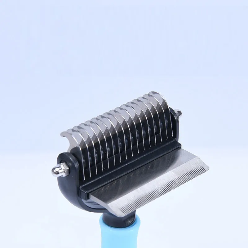 Plastic dual purpose pet comb for removing floating hair and dead knots from dogs and cats, available in blue