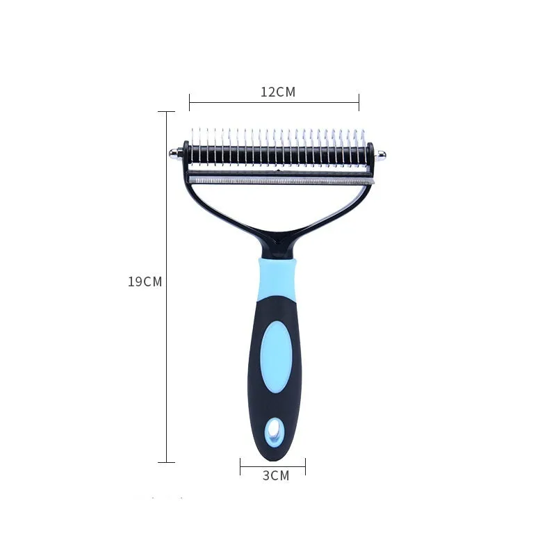 Plastic dual purpose pet comb for removing floating hair and dead knots from dogs and cats, available in blue