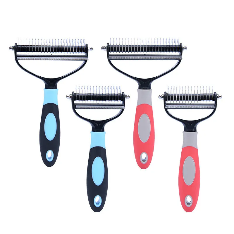 Plastic dual purpose pet comb for removing floating hair and dead knots from dogs and cats, available in blue
