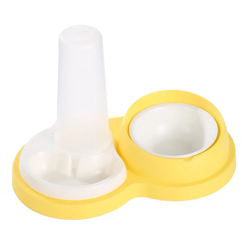 Grey and yellow raised pet double feeding bowl with four dishes and automatic water dispenser.