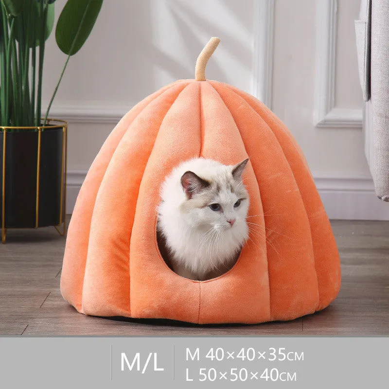 Beige Large pumpkin cat house with removable washable cover and 360° surround warmth